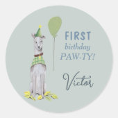 Birthday Paw-ty niedlicher Welpenhund Runder Aufkleber (Vorderseite)