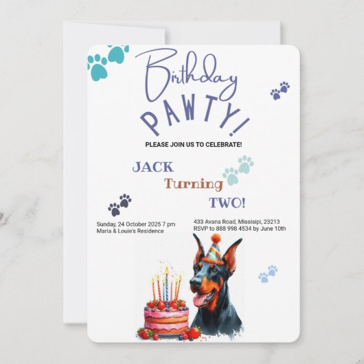 Birthday Pawty Doberman Pincher Dog Birthday Einladung (Vorderseite)