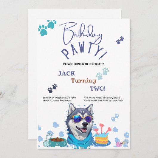 Birthday Pawty Siberian Husky Dog Birthday Einladung (Vorne/Hinten)