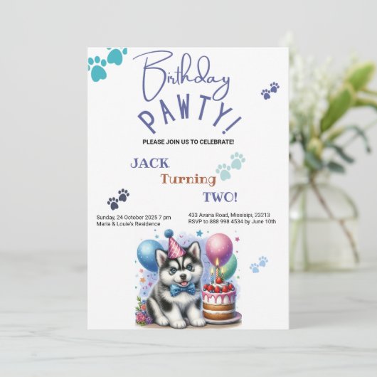 Birthday Pawty Siberian Husky Dog Birthday Einladung (Stehend Vorderseite)