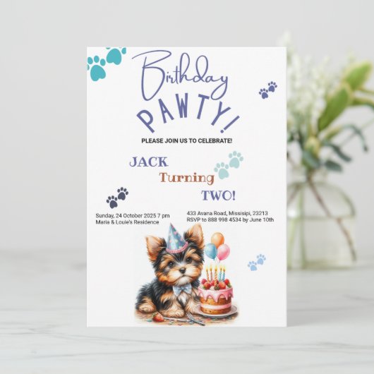 Birthday Pawty Yorkshire Terrier Dog Birthday Einladung (Stehend Vorderseite)