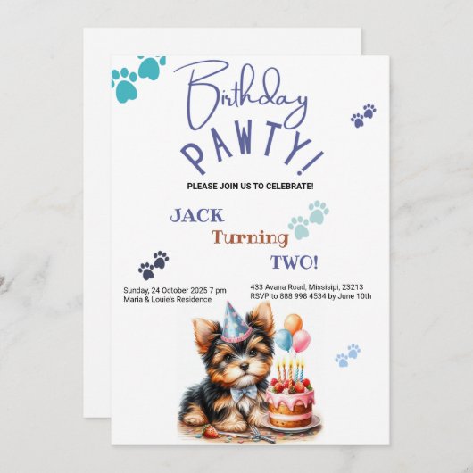 Birthday Pawty Yorkshire Terrier Dog Birthday Einladung (Vorne/Hinten)