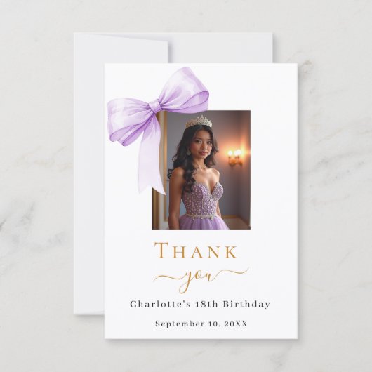 Birthday photo bow lavender dankeskarte (Vorderseite)