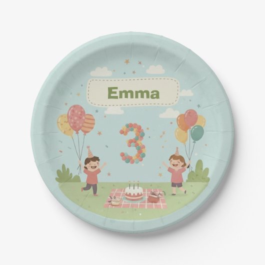 Birthday Picnic, Cute Retro Style, Age 3 Pappteller (Vorderseite)