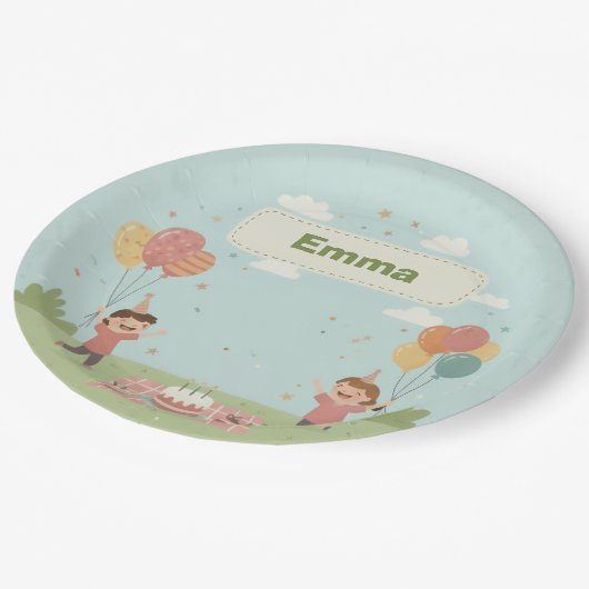 Birthday Picnic, Cute Retro Style Pappteller (Schrägansicht)