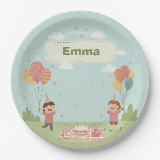 Birthday Picnic, Cute Retro Style Pappteller (Vorderseite)