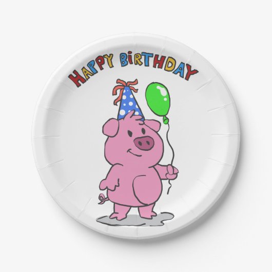 Birthday Pig Cartoon | Hintergrundfarbe auswählen Pappteller (Vorderseite)