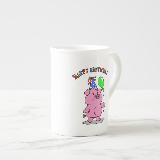 Birthday Pig Cartoon | Hintergrundfarbe auswählen Porzellantasse (Vorderseite Rechts)