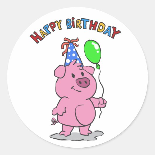 Birthday Pig Cartoon | Hintergrundfarbe auswählen Runder Aufkleber (Vorderseite)