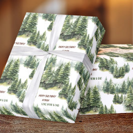 Birthday Pine Tree Forest Green Name Geschenkpapier
