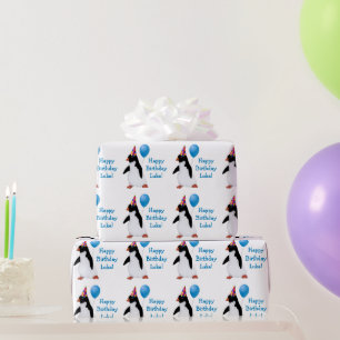 Birthday Pinguin Blue Balloon Name Wrapping Paper Geschenkpapier