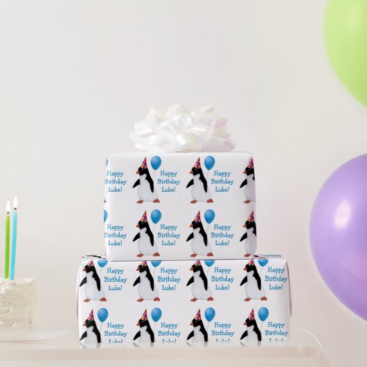 Birthday Pinguin Blue Balloon Name Wrapping Paper Geschenkpapier (Partygeschenke)