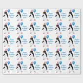Birthday Pinguin Blue Balloon Name Wrapping Paper Geschenkpapier (Flach)