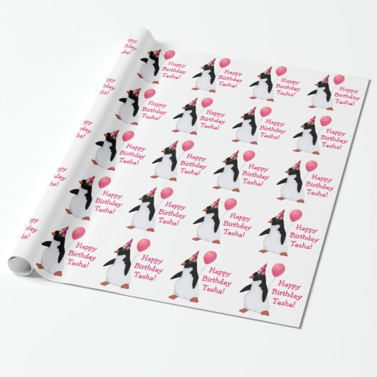 Birthday Pinguin Individuelle Name Wrapping Paper Geschenkpapier (Ungerollt)