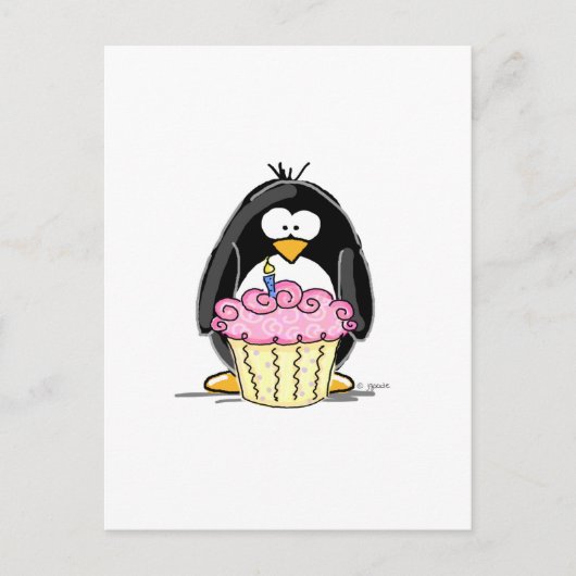 Birthday Pinguin mit Cupcake Postkarte (Vorderseite)