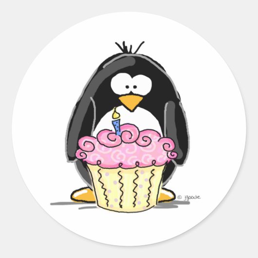 Birthday Pinguin mit Cupcake Runder Aufkleber (Vorderseite)