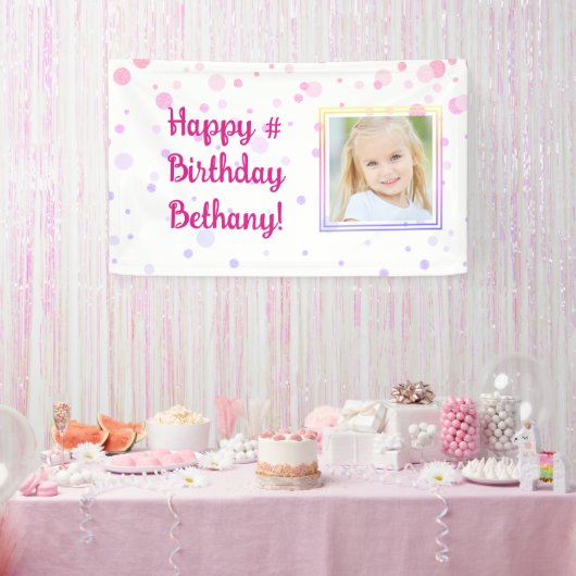 Birthday Pink Confetti Dots Foto Personalisiert Banner (Party)