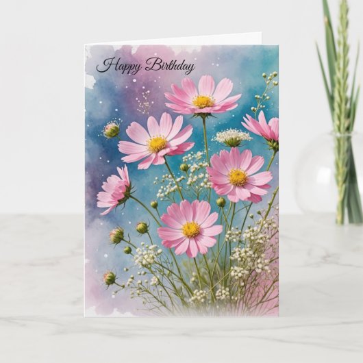 Birthday Pink Cosmos Bouquet Karte (Vorderseite)