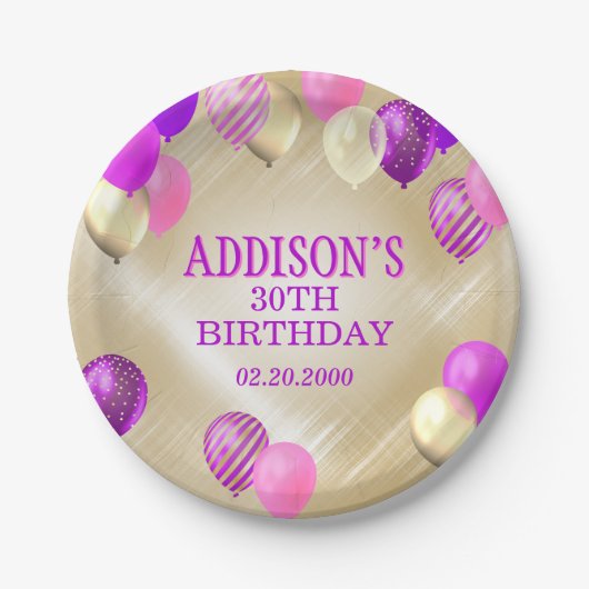 Birthday Pink Gold Balloons Pappteller (Vorderseite)