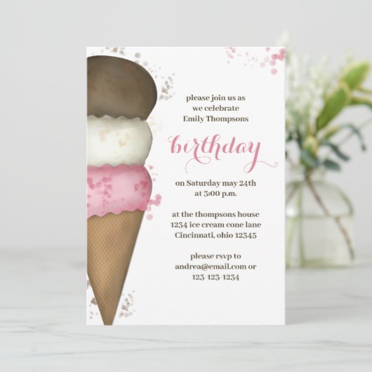 Birthday Pink Ice Cream Calligraphy Script Einladung (Stehend Vorderseite)