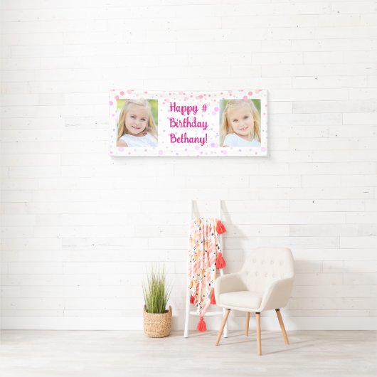 Birthday Pink Lila Confetti 2 Foto Personalisiert Banner (Insitu)