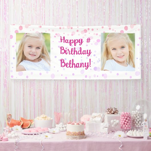 Birthday Pink Lila Confetti 2 Foto Personalisiert Banner (Party)