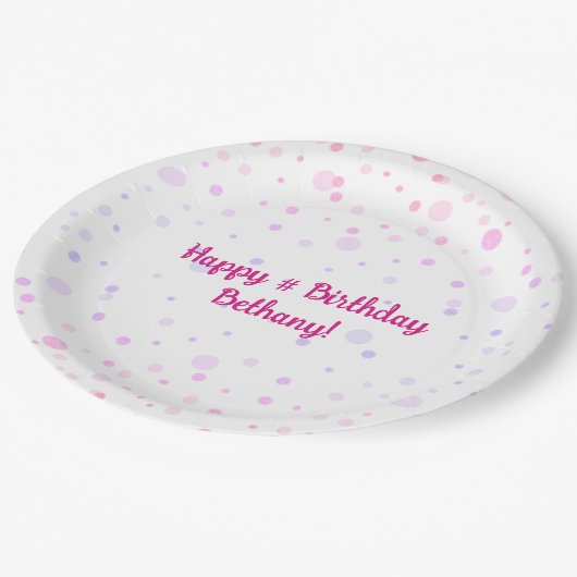Birthday Pink Lila Confetti Dots Personalisiert Pappteller (Schrägansicht)