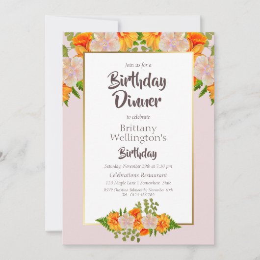 Birthday Pink Orange Gold Floral Party Einladung (Vorderseite)