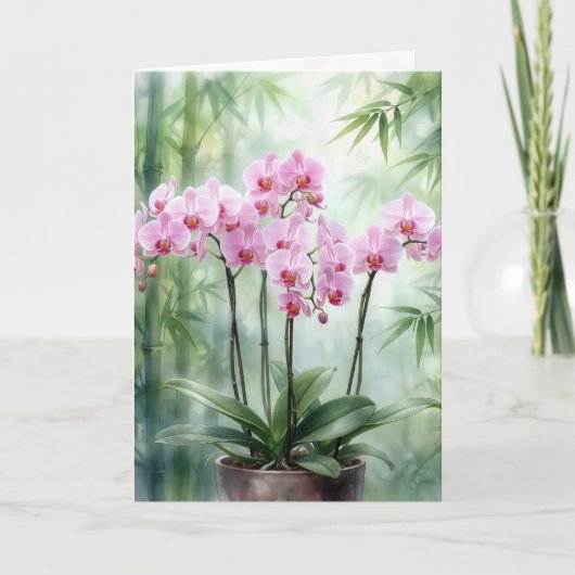 Birthday Pink Orchids On Green Bamboo Karte (Vorderseite)