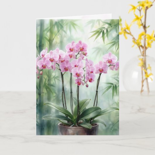 Birthday Pink Orchids On Green Bamboo Karte (Gelbe Blume)