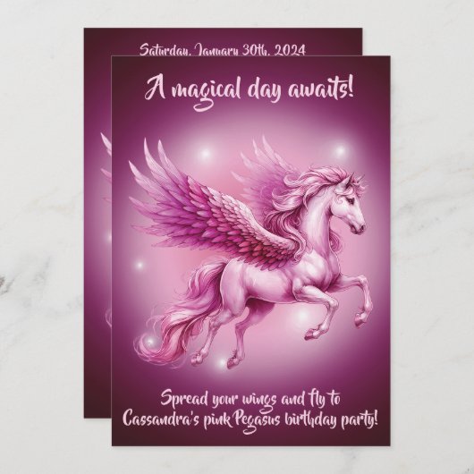 Birthday Pink Pegasus Fantasy Design Einladung (Vorne/Hinten)