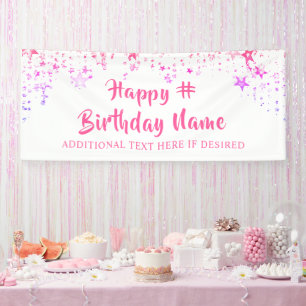 Birthday Pink Stars Brush Script Personalisiert Banner