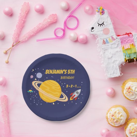 Birthday Planets & Rocket Ship in Outer Space Pappteller (Party)