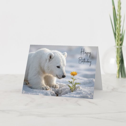Birthday Polar Bear Cub Admiring a Daisy Karte (Vorderseite)