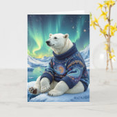 Birthday Polar Bear Sitting Under Northern Lights Karte (Gelbe Blume)