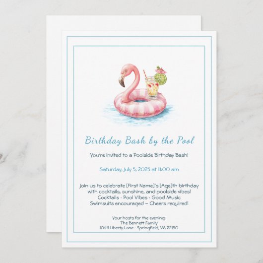 Birthday Pool Party Einladung mit Cocktails (Vorne/Hinten)
