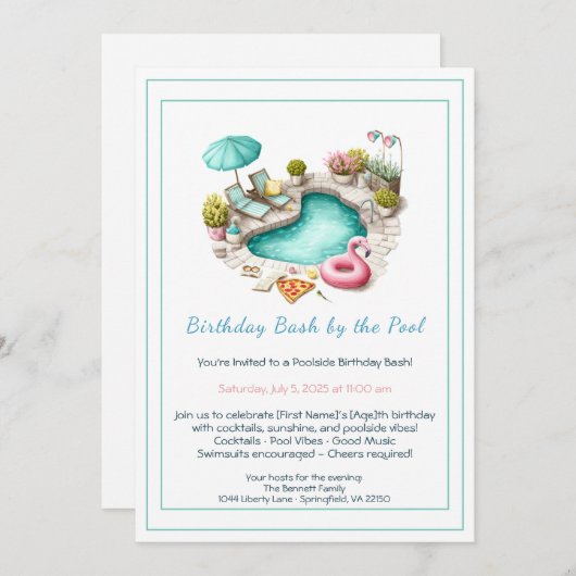 Birthday Pool Party Invitation with Cocktails Einladung (Vorne/Hinten)