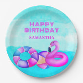 Birthday Pool Party Pink Flamingo Pappteller (Vorderseite)