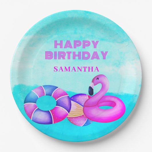 Birthday Pool Party Pink Flamingo Pappteller (Vorderseite)
