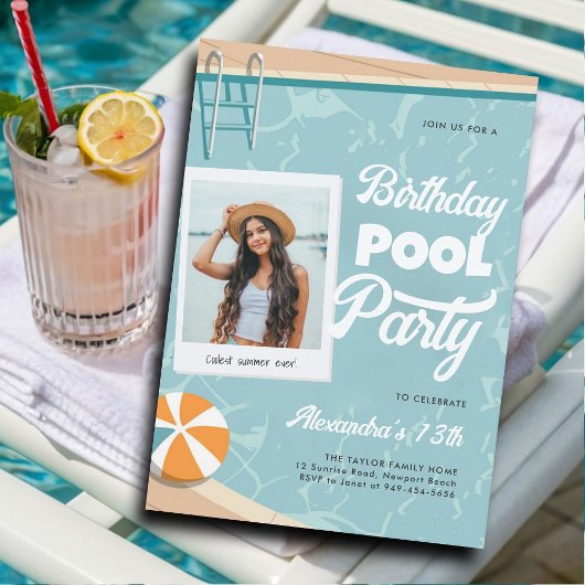 Birthday Pool Party Sommer Cool Tee Zwischen Foto Einladung