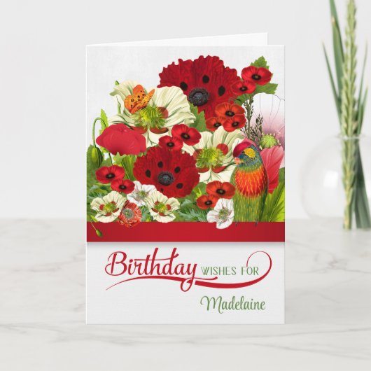 Birthday Poppies mit Butterfly und Lorikeet Name Karte (Vorderseite)