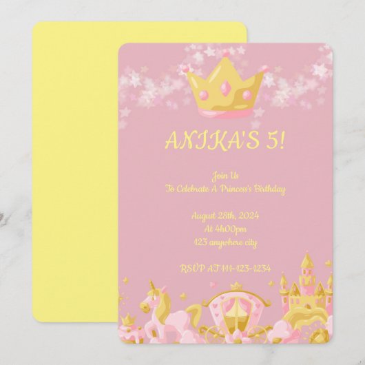 BIRTHDAY PRINCESS INVITATION PEACH COLOR EINLADUNG (Vorne/Hinten)
