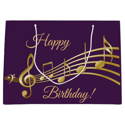 Birthday purple gold music notes große geschenktüte (Vorderseite)