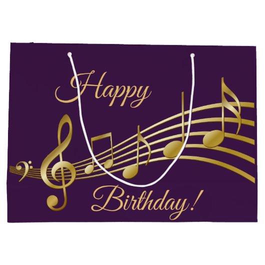 Birthday purple gold music notes große geschenktüte (Rückseite)