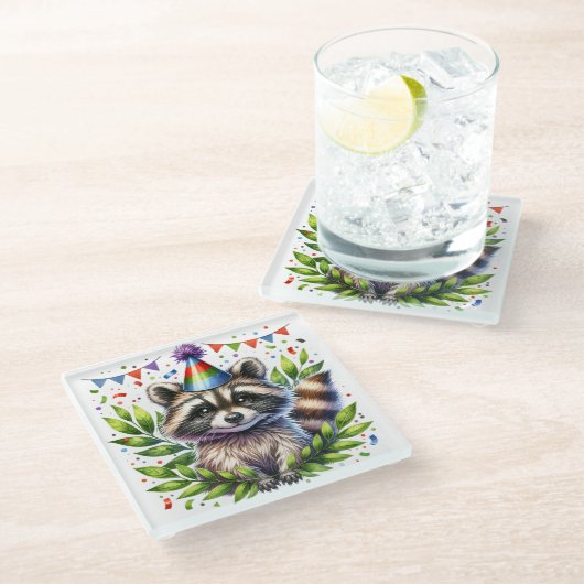 Birthday Raccoon Kids, birthday party, fun design Glasuntersetzer (Schrägansicht)