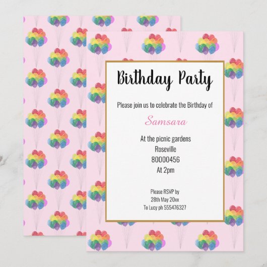 BIRTHDAY RAINBOW BALLOONS GEBURTSTAGLICHE EINLADUN EINLADUNG (Vorne/Hinten)