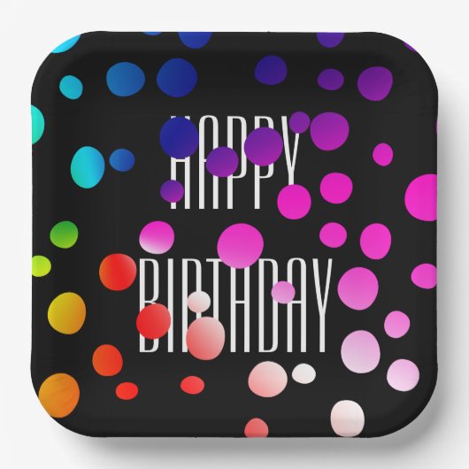 Birthday Rainbow Dots auf Black Pappteller (Vorderseite)