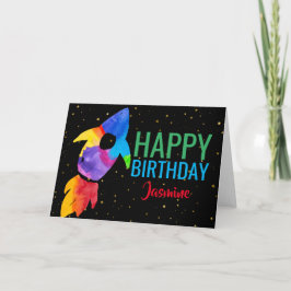 Birthday Rainbow Watercolor Rocket Weltraum Karte