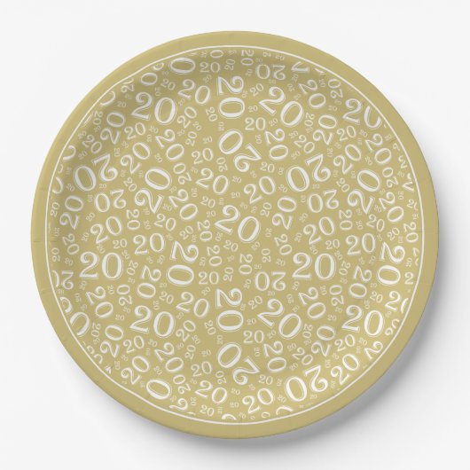 Birthday Random Number Pattern Gold/Weiß 20 Pappteller (Vorderseite)