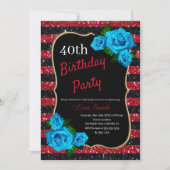 Birthday Red Black Stripes Glitzer Blue Rose Einladung (Vorderseite)